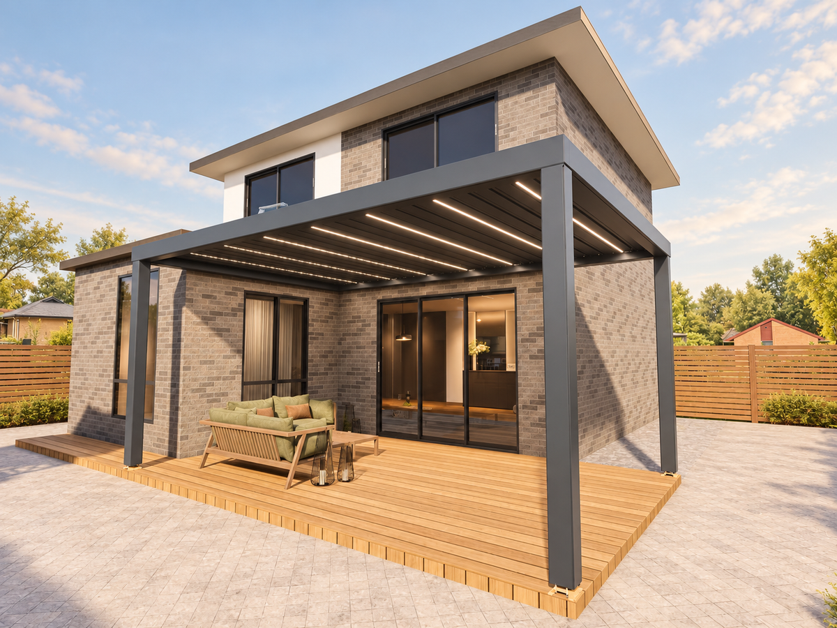 White aluminium pergola with louvre roof